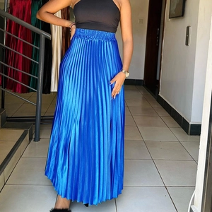 Elegant high-waist pleated A-line maxi skirt in shiny blue satin finish for women