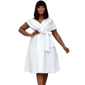 Elegant white V-neck dress with a large bow waist tie and A-line silhouette dress