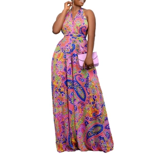 Colorful paisley print halter neck wide-leg jumpsuit with deep V-neck for beach vacation