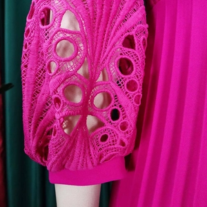 Detailed macro view of intricate fuchsia lace embroidery and pleated texture on sleeve