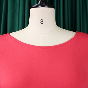 Close-up of the round neckline and knit texture on this red puff sleeve slim dress
