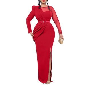 Elegant red bodycon maxi dress with mesh patchwork and high slit for evening wear