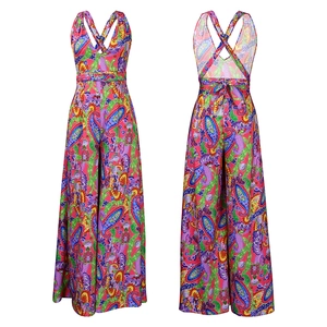 Detailed back view of halter neck paisley print jumpsuit with tie-back ribbon design