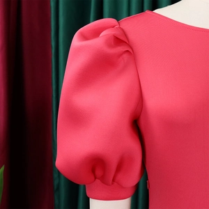 Close-up of pink puff sleeves and pleated detail on this elegant round neck dress