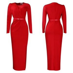 Front and back views of red long sleeve dress with waist belt and side slit detail