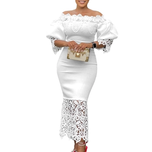 Elegant white off-shoulder plus size lace dress with mermaid hem and puff sleeves