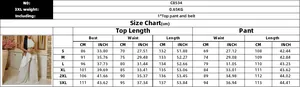 Detailed size chart for two-piece sleeveless top and wide-leg pants set in CM and INCHES
