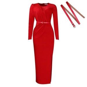 Detail view of red long sleeve dress featuring pleated mesh bodice and slim waist belt