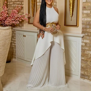 Women Elegant Halter Backless Irregular Top And Wide Leg Pleated Pants Top And Bottom Set With Belt Summer Party Outfit