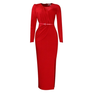 Detailed view of red maxi dress with pleated cross-chest design and waist belt detail