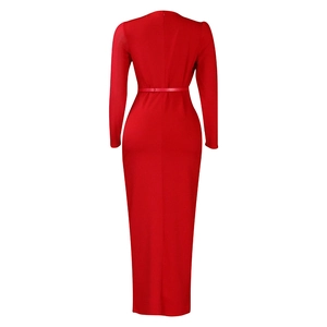 Rear view detail of red slim-fit long sleeve maxi dress with back zipper and matching belt