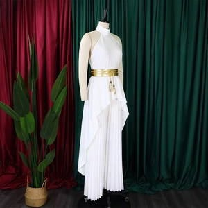 Detail of white halter neck pleated dress with an elegant gold metallic waist belt