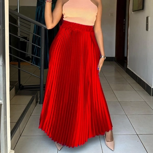 Elegant high-waist pleated red maxi skirt with metallic satin finish for a flowing look