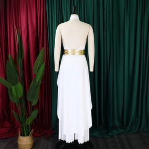 Detail of white backless halter dress with gold waist belt on a fashion mannequin