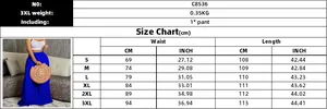 Size chart detail for high waist wide leg pants showing measurements in CM and INCH
