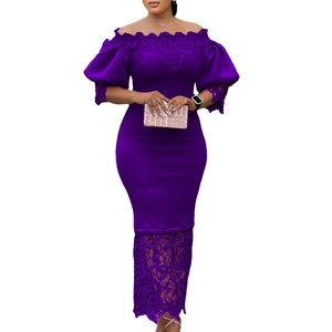 Detail of elegant dark purple off-shoulder lace maxi dress with stylish puffy lantern sleeves