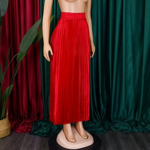 Detail view of high waist pleated red maxi skirt with glossy satin finish and elastic band