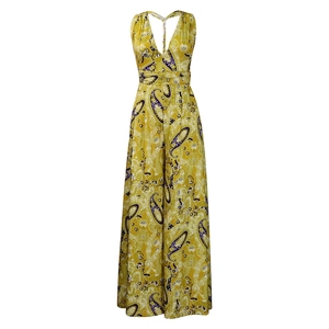 Detail of yellow paisley print romper with halter neck, deep V-neckline and open back design