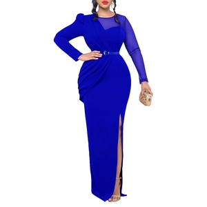 Elegant royal blue mesh patchwork long sleeve dress with high slit and slim fit design