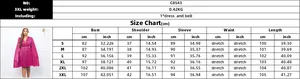 Detailed size chart for V-neck magenta cape sleeve dress with belt measurements
