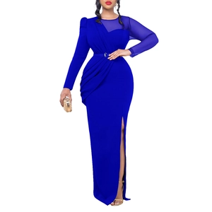 Close-up of royal blue evening dress featuring pleated mesh waist and metal buckle detail