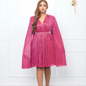 Elegant rose red V-neck cape dress with metallic pleated texture and gold waist belt
