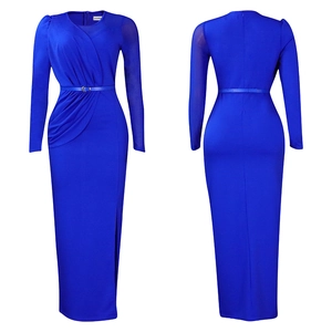 Detailed view of bright blue slim fit dress with waist belt and side slit design