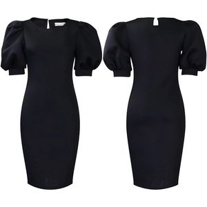 Detailed views of puff sleeve bodycon dress with teardrop cutout and button back