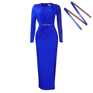 Detail view of royal blue pleated mesh dress with minimalist matching waist belt