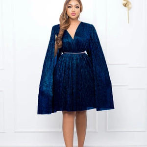 Detail of shimmering navy blue V-neck cape dress with pleated metallic fabric and silver belt