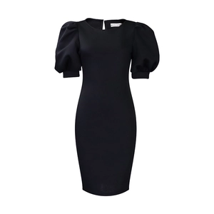 Close-up of puff sleeves and rear button closure on a black slim-fit dress