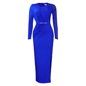 Close-up of royal blue long sleeve dress featuring elegant ruched detail and side slit