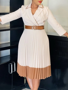 Elegant Anzugkragen Farbblock Plissiertes Kleid Mit Gürtel Damen Langarm Patchwork Midi A-Linie Pendler Büro Kleidung