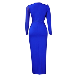 Detail view of royal blue slim fit dress back with invisible zipper and matching waist belt