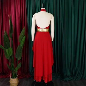 Detailed back view of red halter dress with a wide metallic gold belt and pleated hem