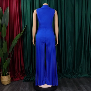 Back view of royal blue sleeveless pleated jumpsuit with high neck and wide legs on mannequin