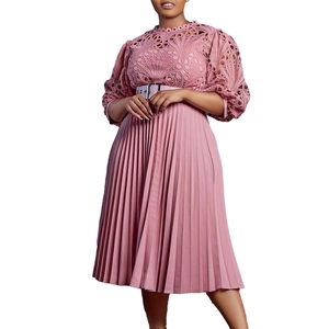 Elegant plus size mauve lace dress with lantern sleeves and pleated skirt for summer