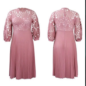 Detailed lace embroidery and pleated skirt texture of this elegant mauve dress