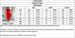 Detailed size chart for red V-neck ruffle dress with measurements in CM and INCH