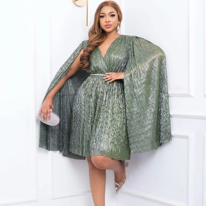 Detailed view of the metallic pleated dress with cape sleeves and sparkling v-neckline finish
