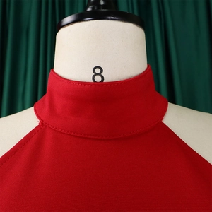 Detail of red halter neckline set showing premium ribbed texture on mannequin