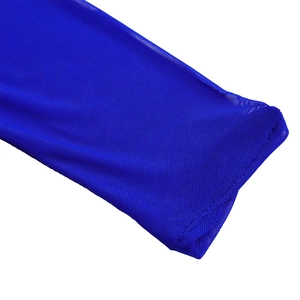 Close-up of royal blue mesh sleeve cuffs with professional stitching on a pleated dress