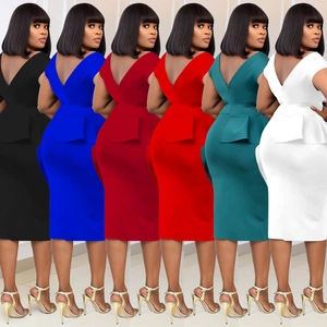 Multiple color options for the V-neck peplum dress featuring a backless slim fit design