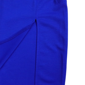 Detail shot of the royal blue knitted fabric with side slit and fine stitching detail