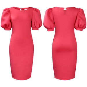 Detailed front and back view of rose red bodycon dress with puff sleeves and round neck