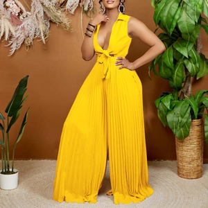 Elegant Women Sleeveless Deep V Neck Pleated Wide Leg Jumpsuit High Waist Summer Tie Belt Polyester Spandex One Piece Outfit
