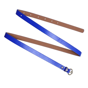 Detail of royal blue leather belt with silver circular buckle and multiple adjustment holes