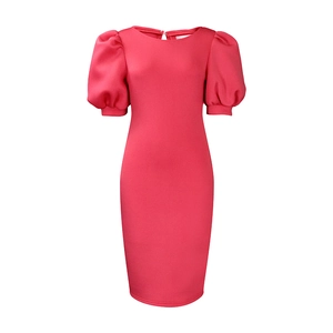 Detail view of puff sleeves and back button closure on a rose red bodycon dress