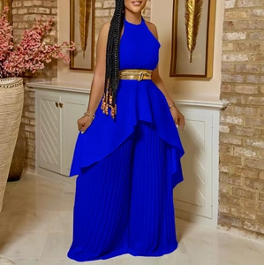 Royal blue two-piece summer set with halter ruffle top, pleated wide leg pants and gold belt