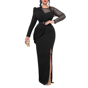 Detail of mesh patchwork and waist pleat design on this elegant black evening gown
